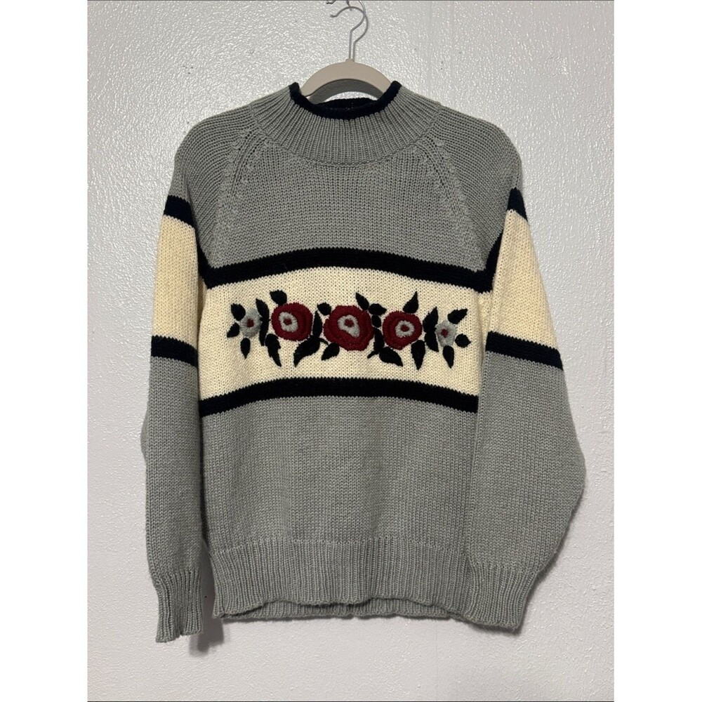 Vintage Floral Embroidered Knit Sweater Mock Neck Colorblock Rose Knitwear Top M